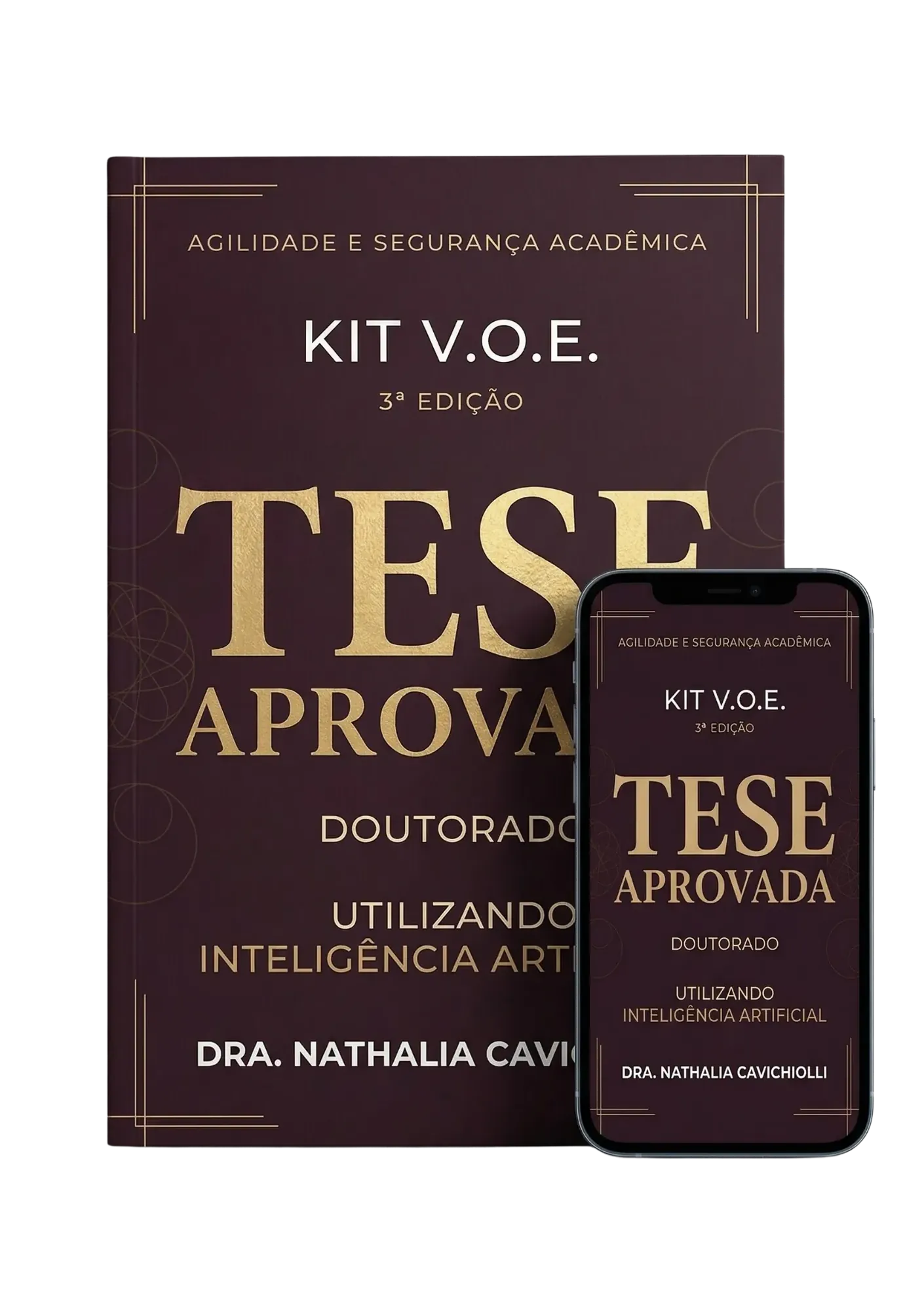 Mockup do Kit V.O.E. Tese Aprovada, ebook com capa bordô e detalhes dourados